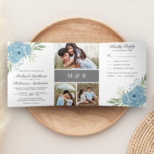 Elegante Dusty Blue Rose Foto Collage Hochzeit Dreifach Gefaltete Einladung