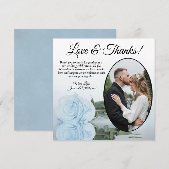 Elegante Dusty Blue Rose Oval Foto Hochzeit Dankeskarte (Vorne/Hinten)