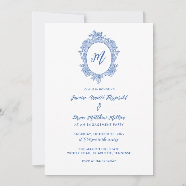 Elegante Dusty Blue Rose Wappen Engagement Party Einladung (Vorderseite)
