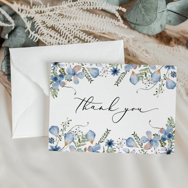 Elegante Dusty Blue Watercolor Blume Hochzeit Dankeskarte (Von Creator hochgeladen)