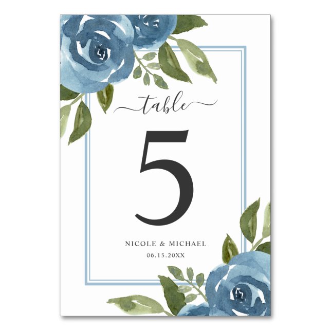 Elegante Dusty Blue Watercolor Wedding Tischnummer (Vorderseite)