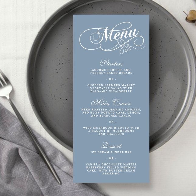 Elegante Dusty Blue Wedding Menu Vorlagen (Von Creator hochgeladen)