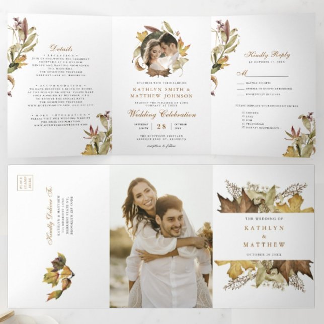 Elegante Dusty Brown Herbst-Hochzeit im Herbst Dreifach Gefaltete Einladung (Von Creator hochgeladen)
