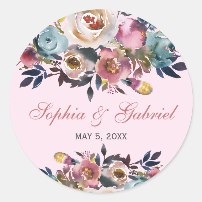 Elegante Dusty Peach Pink Blue Floral Wedding Runder Aufkleber (Vorderseite)