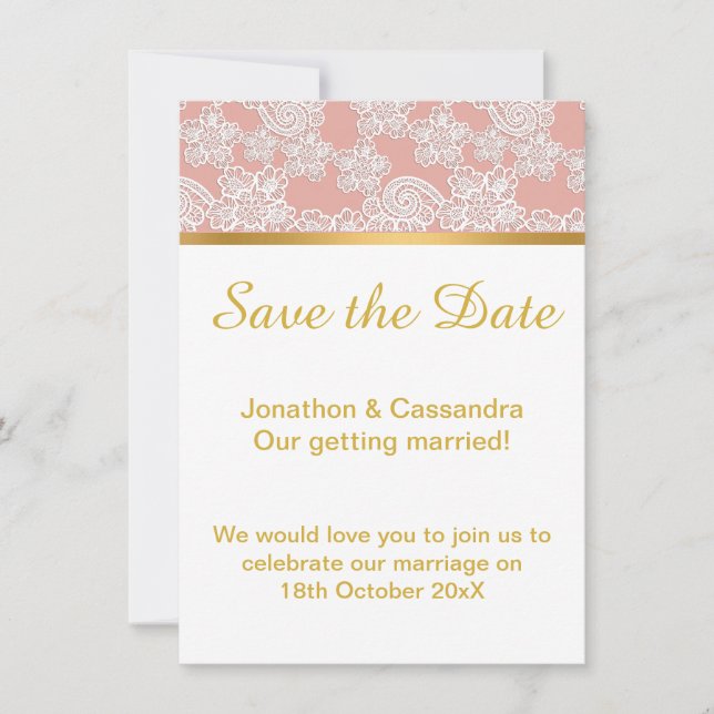 ELEGANTE DUSTY PINK LACE GOLD SAVE THE DATE (Vorderseite)