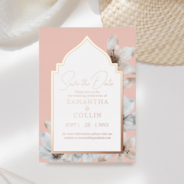 Elegante Dusty Pink Magnolia Blume Save the Date Folieneinladung (Von Creator hochgeladen)