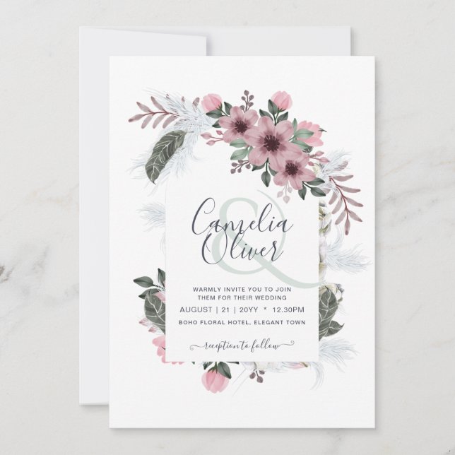 Elegante Dusty Rose Ampere und Blumenarschenhochze Einladung (Vorderseite)