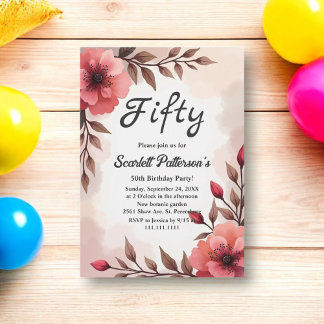 Elegante Dusty Rose Aquarell Flora 50. Geburtstag Einladung