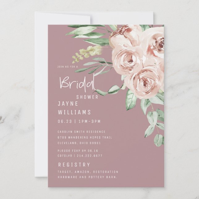 Elegante Dusty Rose Blumenstrauß Brautparty Einladung (Vorderseite)