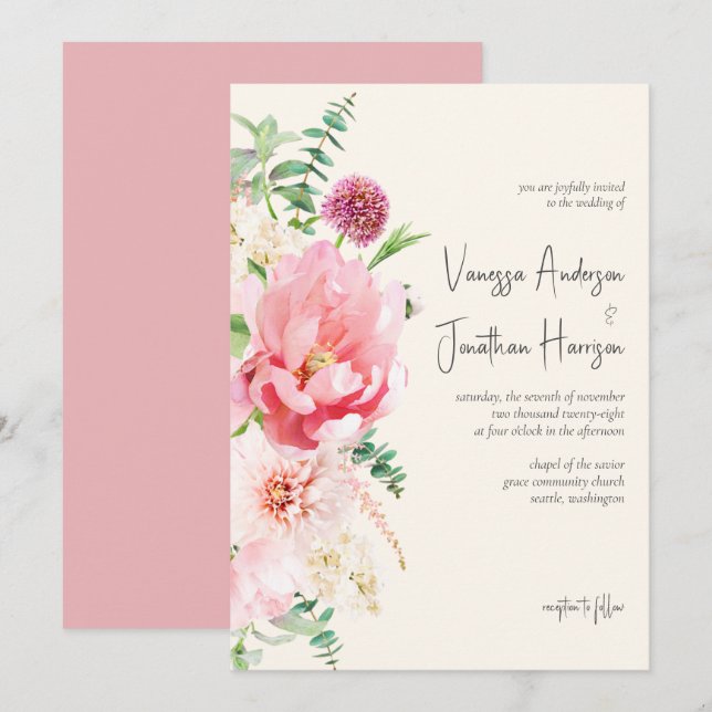 Elegante Dusty Rose Blush Elfenbeinschrift Einladung (Vorne/Hinten)