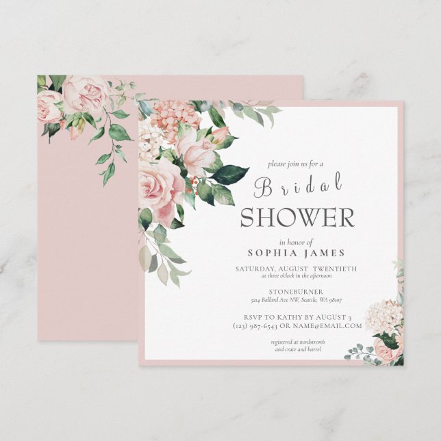 Elegante Dusty Rose Blush Peony Brautparty Invi Einladung (Vorne/Hinten)