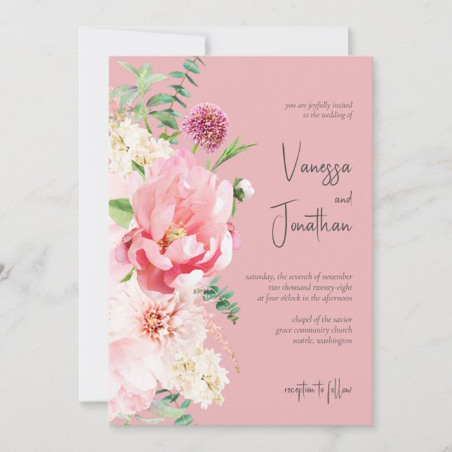 Elegante Dusty Rose & Blush Pink Floral Einladung (Vorderseite)
