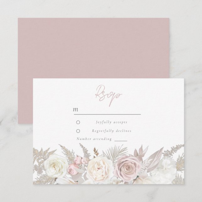 Elegante Dusty Rose & Elfenbeinblütenhochzeit RSVP Karte (Vorne/Hinten)