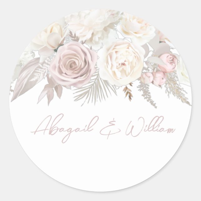 Elegante Dusty Rose & Elfenbeinblütenhochzeit Runder Aufkleber (Vorderseite)