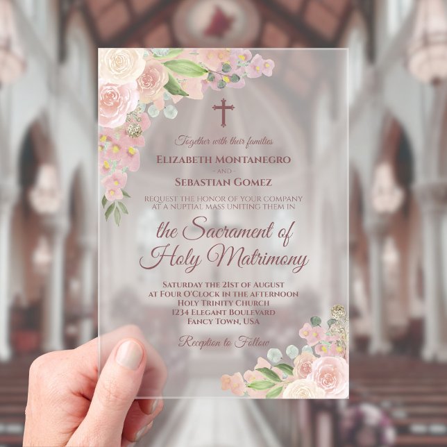 Elegante Dusty Rose Floral Moderne katholische Hoc Acryleinladungen (Frosted Acrylic with Rectangle Cut)