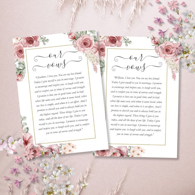 Elegante Dusty Rose Floral Wedding Vows Card Ankündigung (Elegant Dusty Rose Floral Wedding Vows Card)
