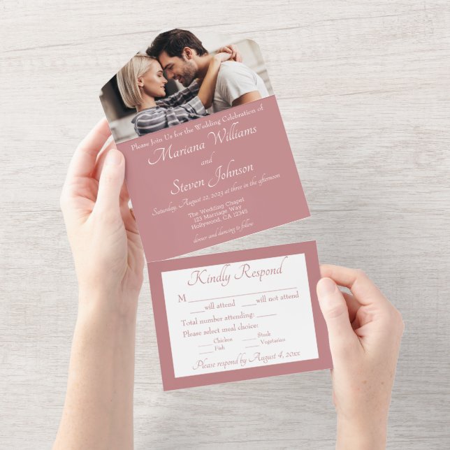 Elegante Dusty Rose Foto Hochzeit Einladung (Abreißen)