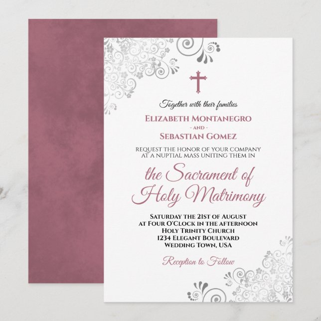 Elegante Dusty Rose & Gray Moderne katholische Hoc Einladung (Vorne/Hinten)