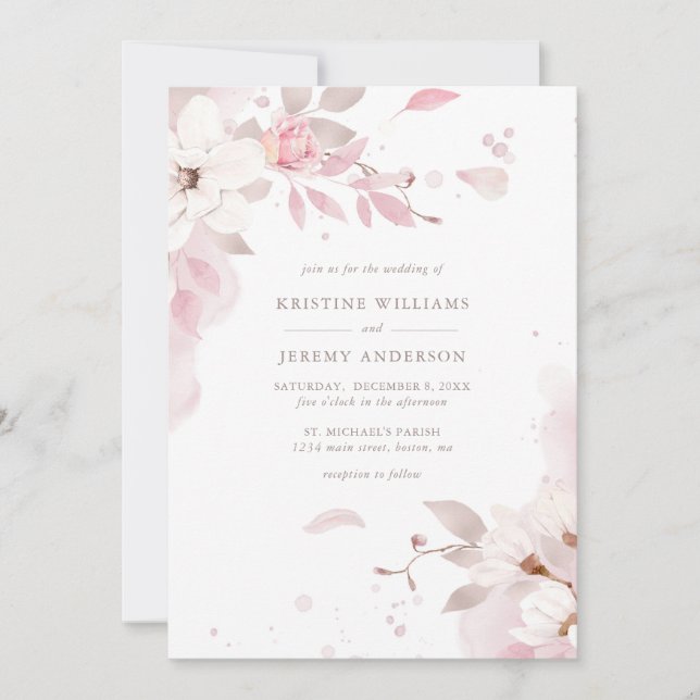 Elegante Dusty Rose Rosa Blumenhochzeit Einladung (Vorderseite)