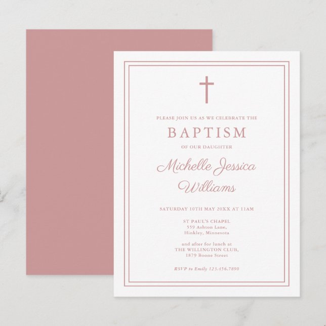 Elegante Dusty Rose Rosa Border Taufe Einladung Postkarte (Vorne/Hinten)