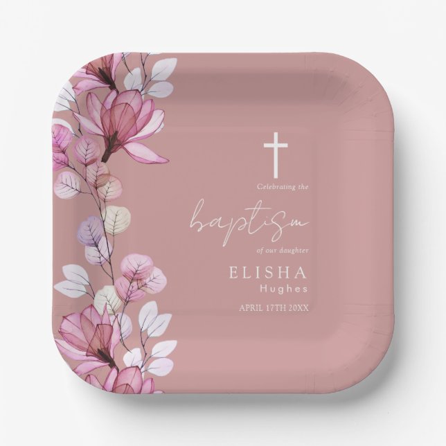 Elegante Dusty Rose Rosa Elegante Blumentaufe Pappteller (Vorderseite)