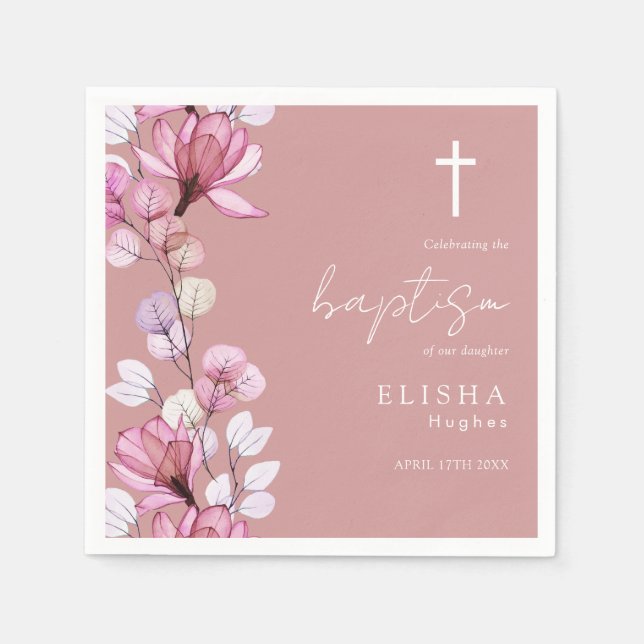 Elegante Dusty Rose Rosa Elegante Blumentaufe Serviette (Vorderseite)