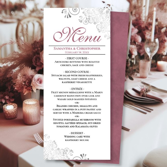 Elegante Dusty Rose Silver Wirbel auf White Weddin Menükarte (Front/Back)