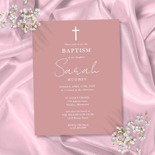 Elegante Dusty Rose Taufe Einladung feiern Postkarte (Elegant Dusty Rose Baptism Christening Invitation Postcard)