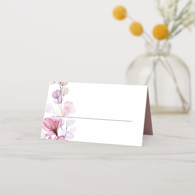 Elegante Dusty Rose Transparente Blumenhochzeit Platzkarte (Vorderseite)