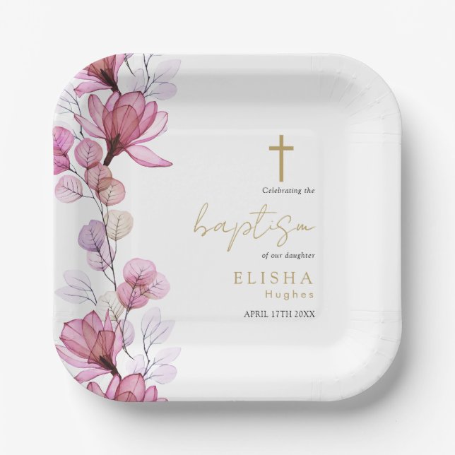 Elegante Dusty Rose Transparente Blumentaufe Pappteller (Vorderseite)