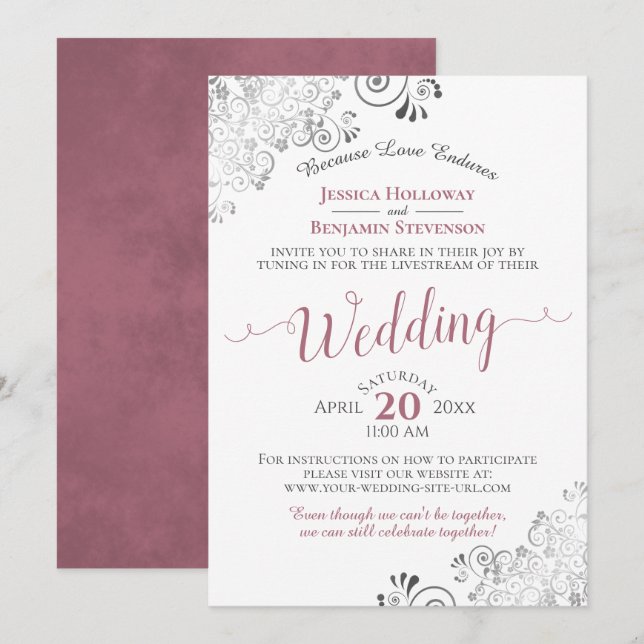 Elegante Dusty Rose über White Wedding Livestream Einladung (Vorne/Hinten)