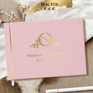 Elegante Dusty Rose und Real Foil Monogram Wedding Gästebuch