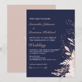 Elegante Dusty Rose White Floral Navy Blue Wedding Einladung
