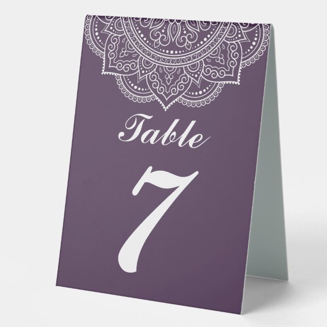Elegante Eggplant und White Indian Paisley Wedding Tischaufsteller (Vorderseite)