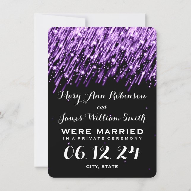 Elegante Ehe Elopement Fallende Sterne Lila Ankündigung (Vorderseite)