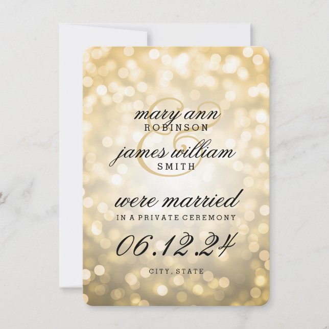 Elegante Ehe / Elopement Gold Bokeh Lights Ankündigung (Vorderseite)