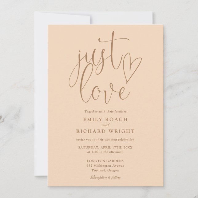 Elegante, einfach Liebe in einer Soft Peach Hochze Einladung (Vorderseite)
