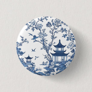 Elegante einfache blau-weiße Blume im Chinoiserie- Button