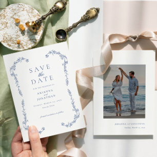 Elegante einfache blaue viktorianische Hochzeitsfo Save The Date