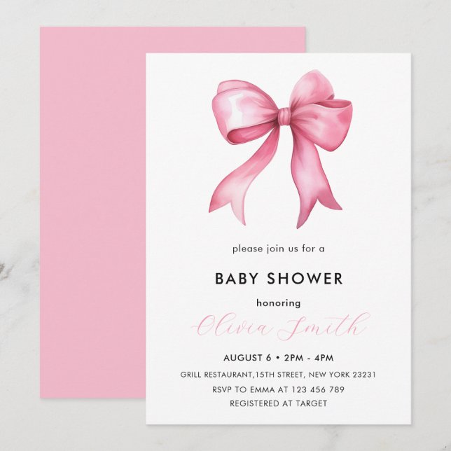 Elegante, einfache Blush Pink Bow Baby Dusche Einladung (Vorne/Hinten)