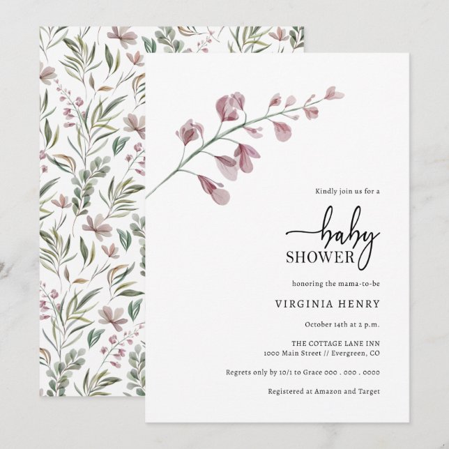 Elegante einfache Botanische Babydusche Einladung (Vorne/Hinten)