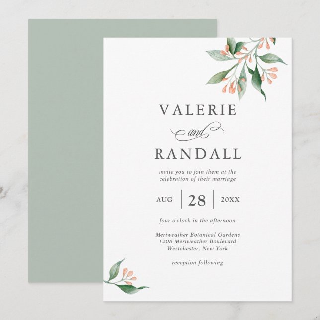 Elegante Einfache Botanische Hochzeit Einladung (Vorne/Hinten)