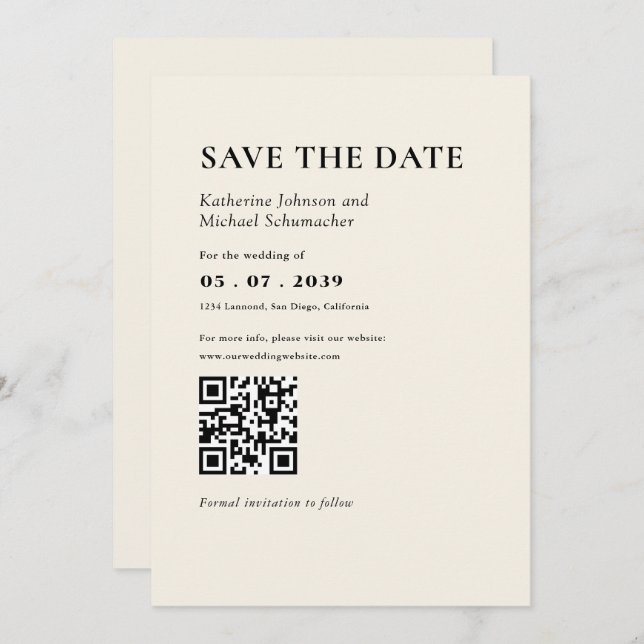 Elegante & einfache Details & QR Code Hochzeit Save The Date (Vorne/Hinten)
