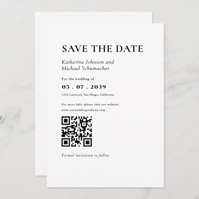 Elegante & einfache Details & QR Code Hochzeit Save The Date (Vorne/Hinten)