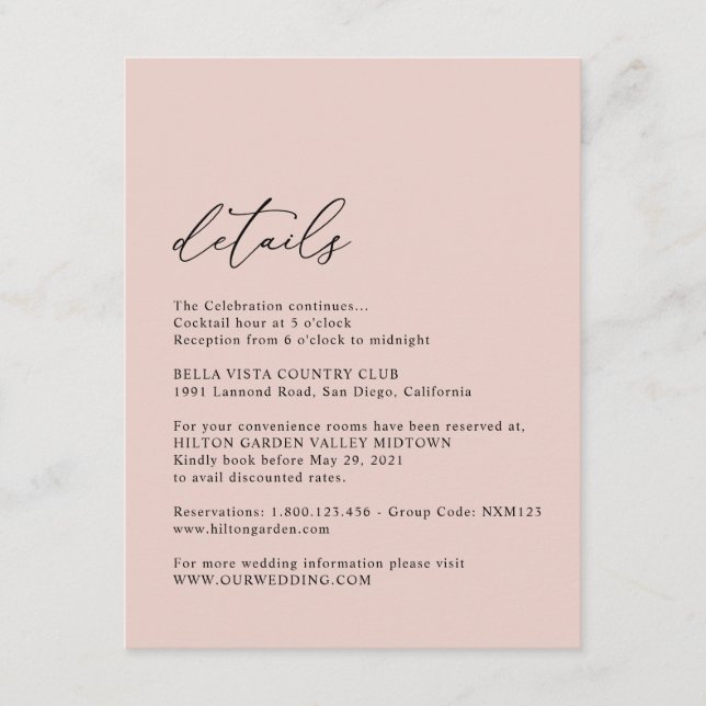 Elegante einfache Dusty Rose Hochzeitdetails Begleitkarte (Vorderseite)