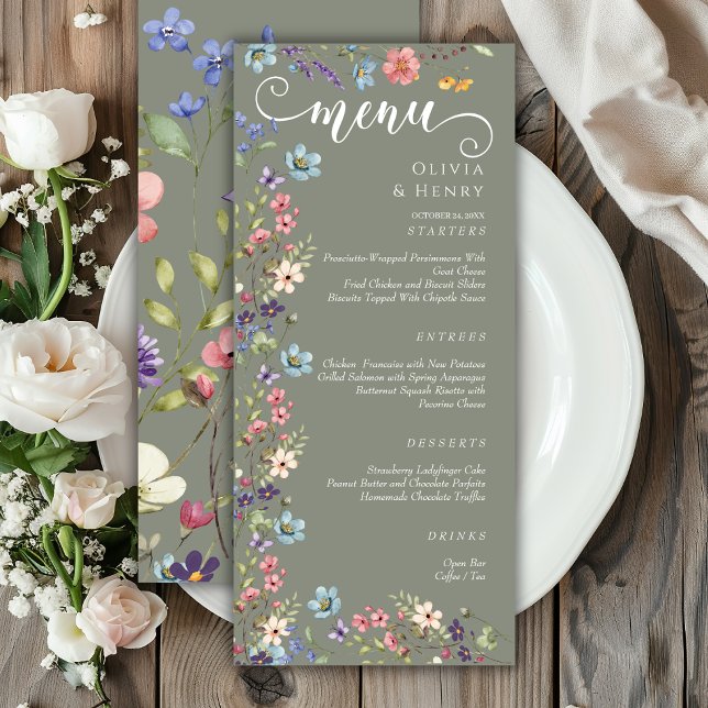 Elegante Einfache Frühlingssage-Wildblumen Hochzei Menükarte (Von Creator hochgeladen)