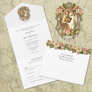 Elegante einfache goldene katholische Blumenhochze All In One Einladung