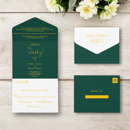 Elegante einfache grüne und goldene Hochzeit mit m All In One Einladung
