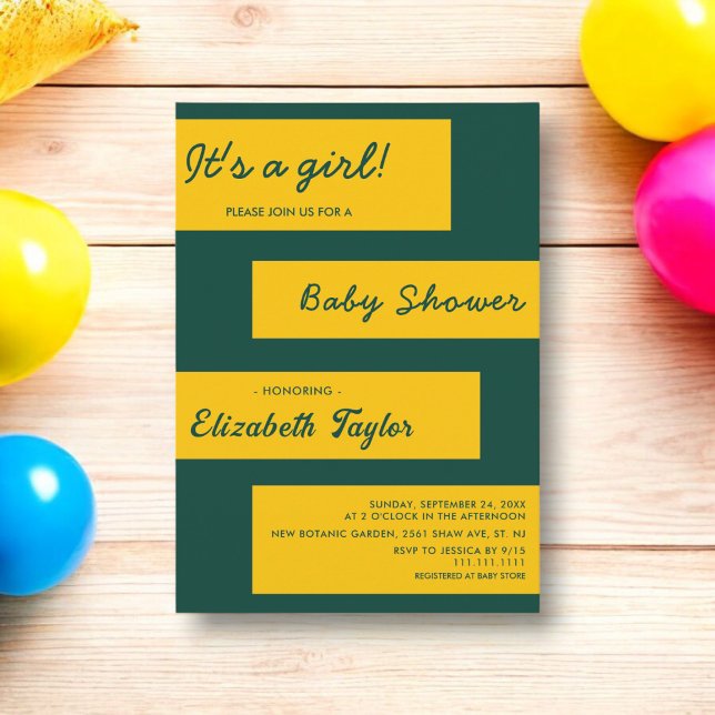 Elegante, einfache grüne und goldene moderne Babyd Einladung (Von Creator hochgeladen)