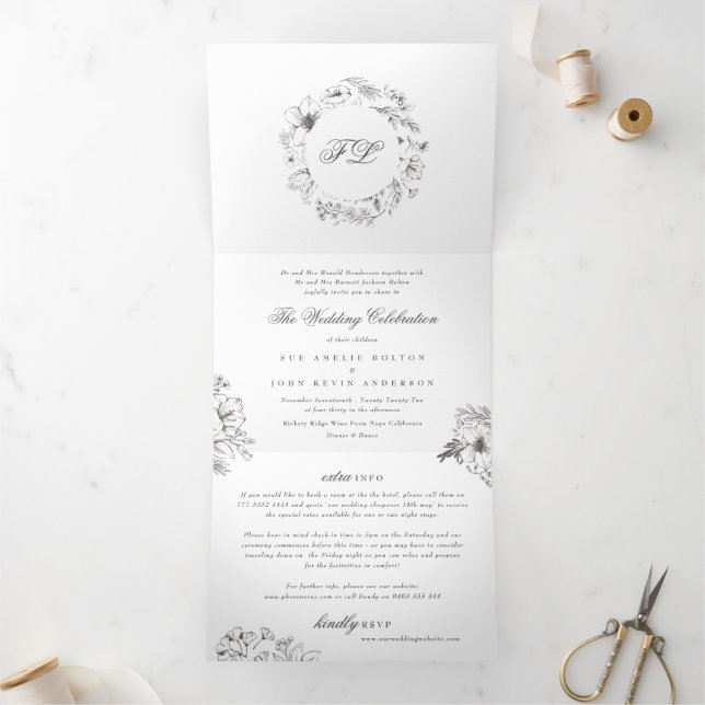 Elegante einfache Kalligraphie Monogram Floral Wed Dreifach Gefaltete Einladung (Innenseite)